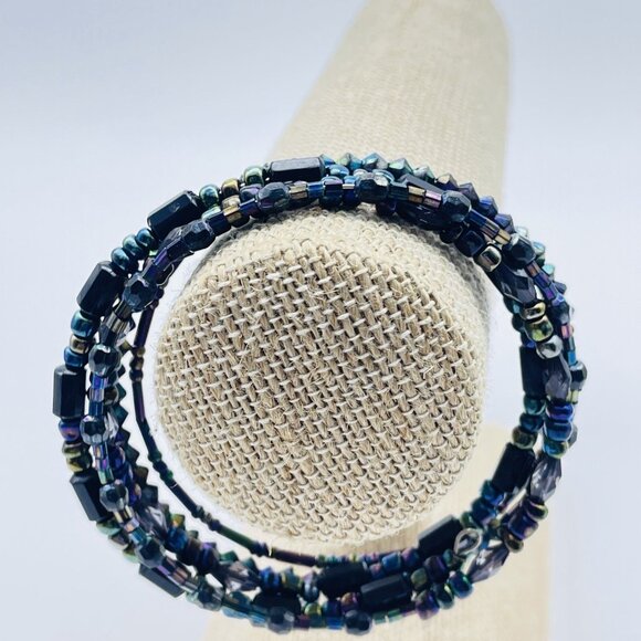 Multi Strand Memory Wire Bracelet Iridescent Beads Black Wrap - Picture 5 of 6